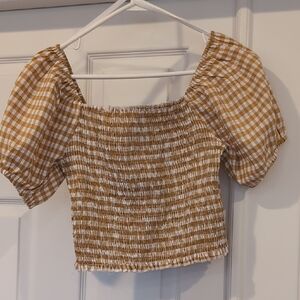 Gingham Puff Sleeve Top - Brown and White